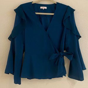 Parker Ruffle Trim Wrap-Front Blouse Teal Blue